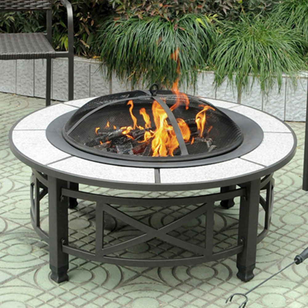 Read more about Nanterre fax stone burning fire pit with grilling in cream stone