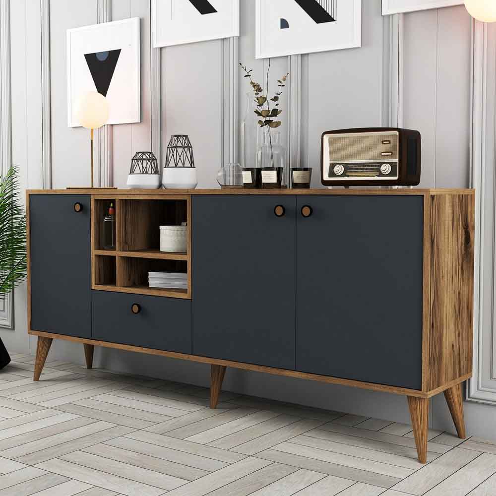 Napoli Wooden Sideboard with 4 Doors in Anthracite and Walnut