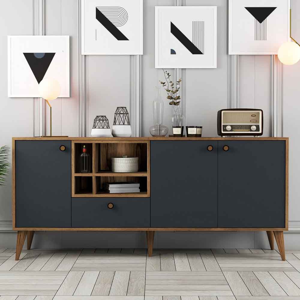 Napoli Wooden Sideboard with 4 Doors in Anthracite and Walnut