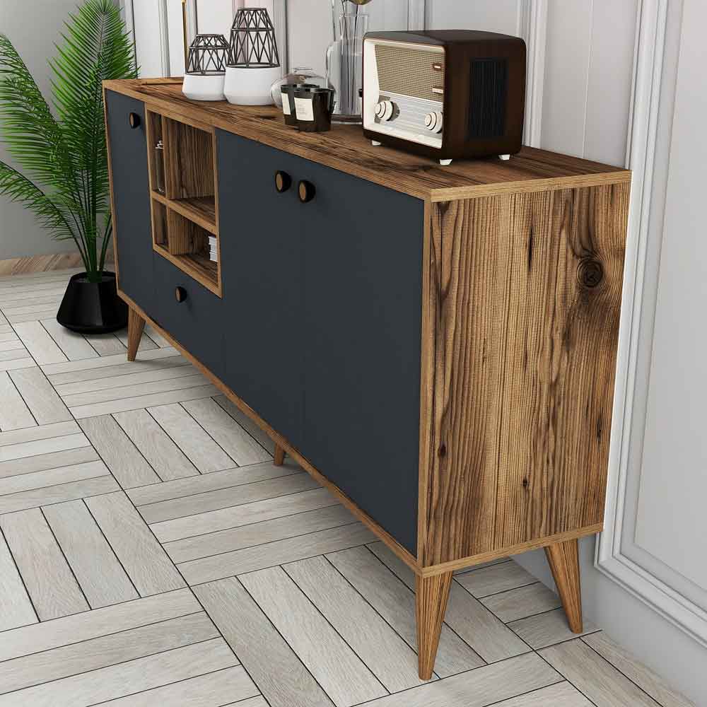 Napoli Wooden Sideboard with 4 Doors in Anthracite and Walnut