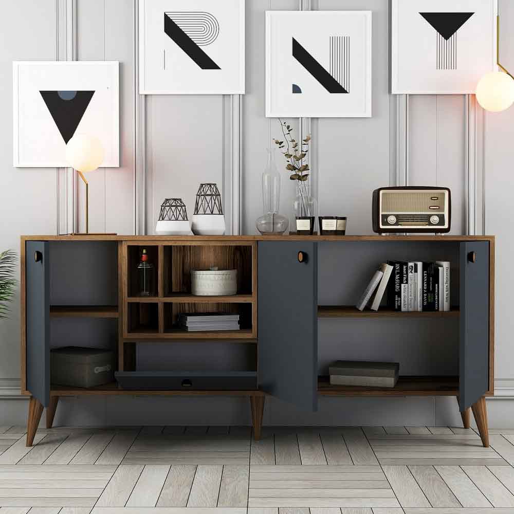 Napoli Wooden Sideboard with 4 Doors in Anthracite and Walnut
