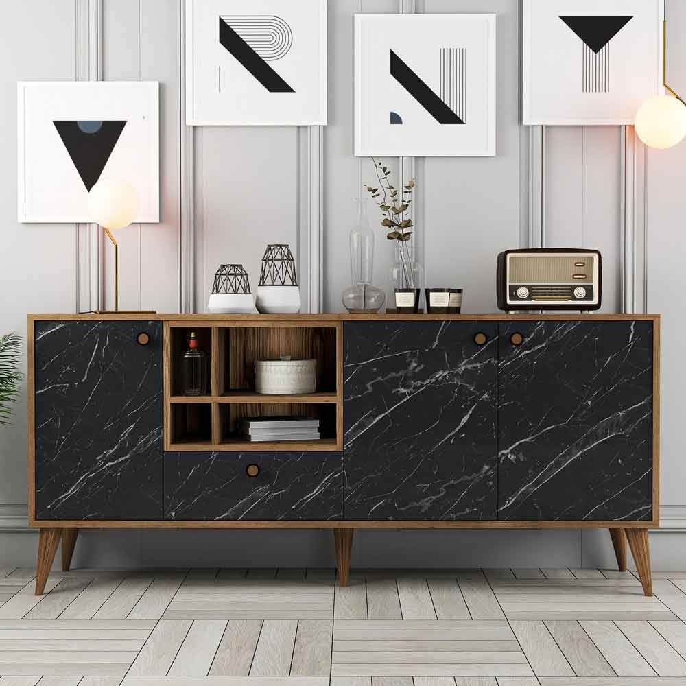 Napoli Wooden Sideboard with 4 Doors in Black Marble and Walnut