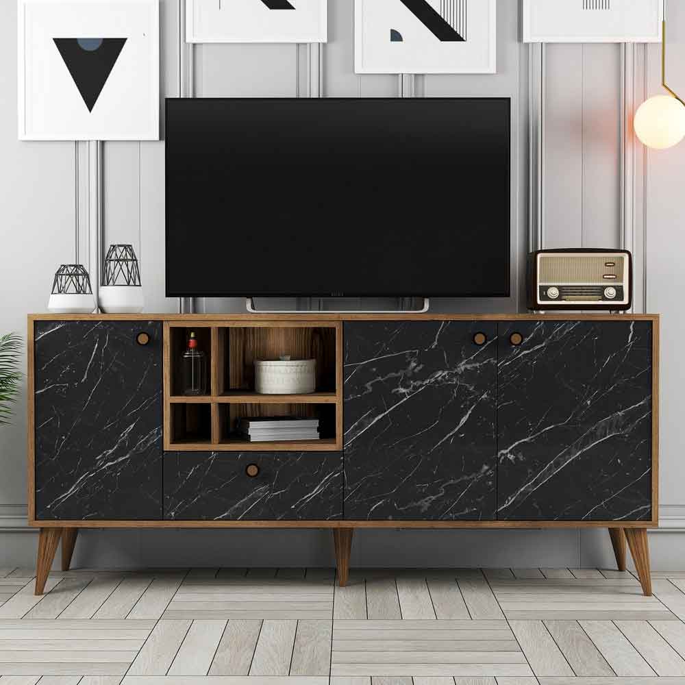 Napoli Wooden Sideboard with 4 Doors in Black Marble and Walnut