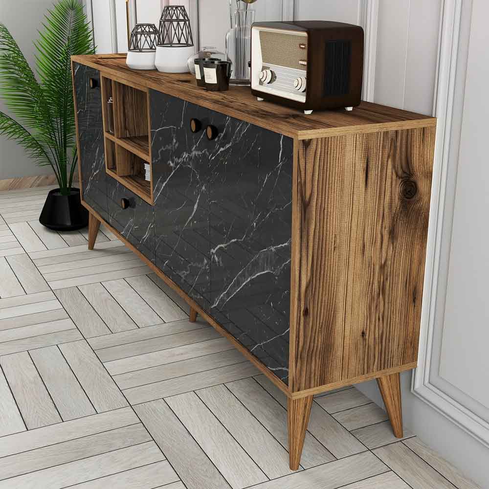 Napoli Wooden Sideboard with 4 Doors in Black Marble and Walnut