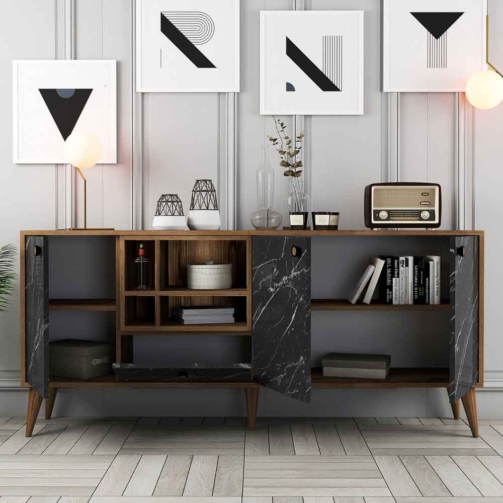 Napoli Wooden Sideboard with 4 Doors in Black Marble and Walnut