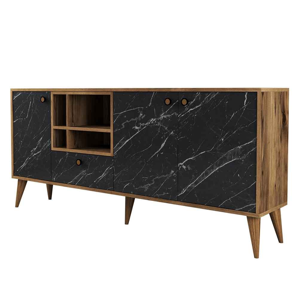 Napoli Wooden Sideboard with 4 Doors in Black Marble and Walnut