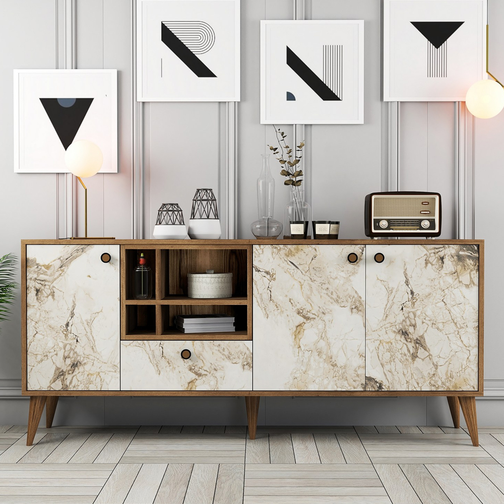 Napoli Wooden Sideboard with 4 Doors in White Marble Effect and Walnut