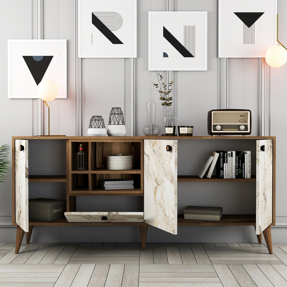 Napoli Wooden Sideboard with 4 Doors in White Marble Effect and Walnut
