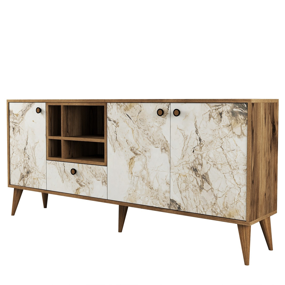 Napoli Wooden Sideboard with 4 Doors in White Marble Effect and Walnut