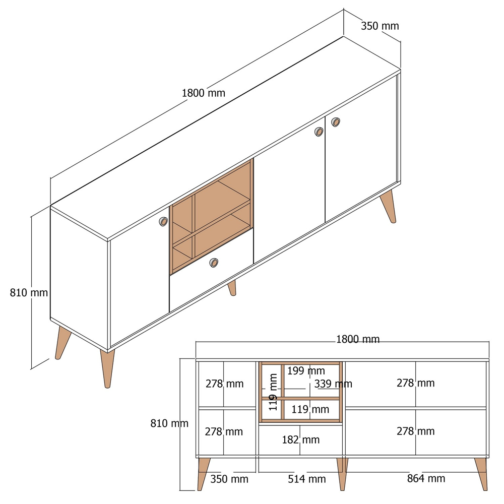 Napoli Wooden Sideboard with 4 Doors in White Marble Effect and Walnut