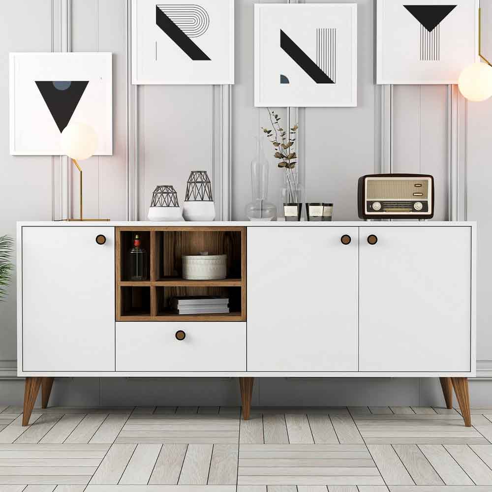 Napoli Wooden Sideboard with 4 Doors in White and Walnut