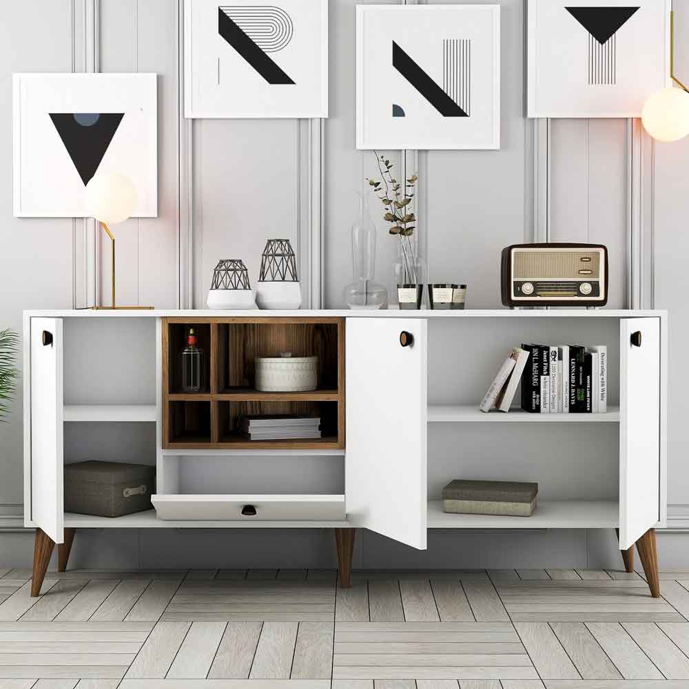 Napoli Wooden Sideboard with 4 Doors in White and Walnut