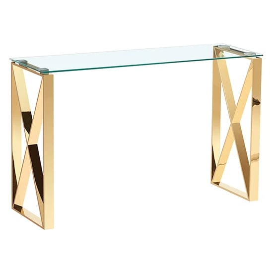 Product photograph of Nardo Clear Glass Console Table With Gold Metal Frame from Furniture in Fashion