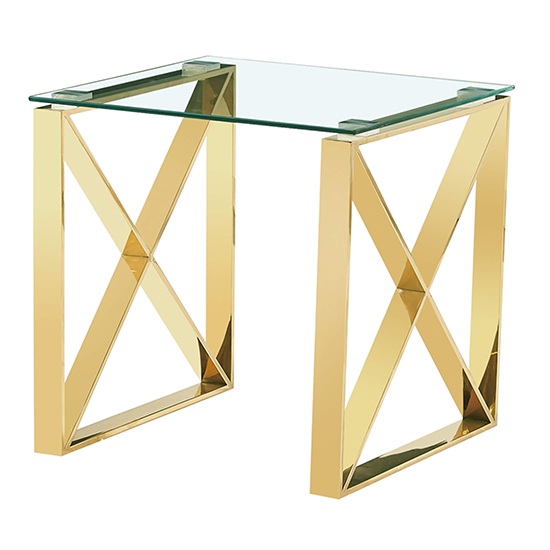 Product photograph of Nardo Clear Glass Lamp Table With Gold Stainless Steel Frame from Furniture in Fashion