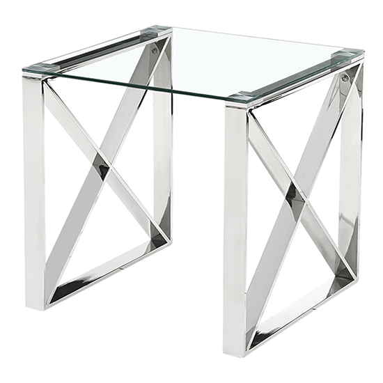 Product photograph of Nardo Clear Glass Lamp Table With Silver Stainless Steel Frame from Furniture in Fashion