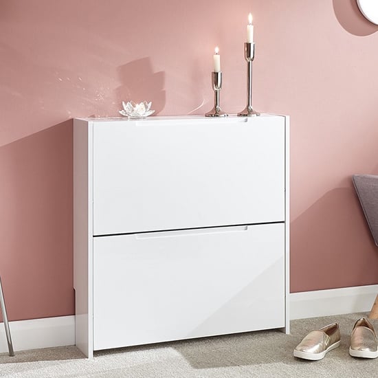 Product photograph of Newquay Wooden 2 Tier Shoe Storage Cabinet In White High Gloss from Furniture in Fashion