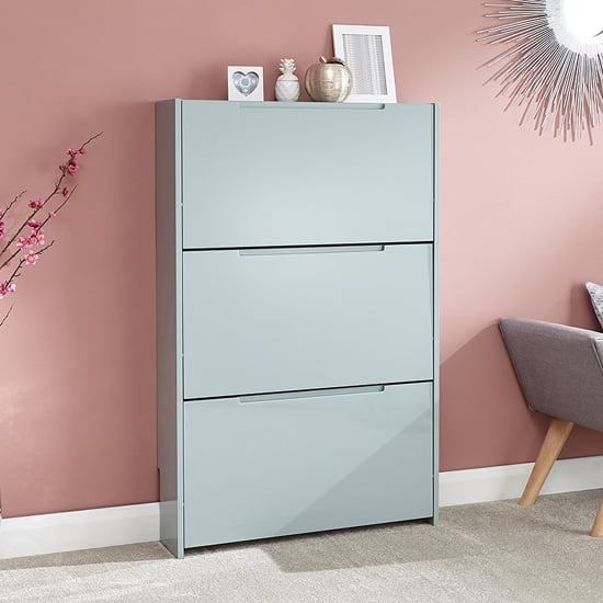 Newquay Wooden 3 Tier Shoe Storage Cabinet In Grey High Gloss