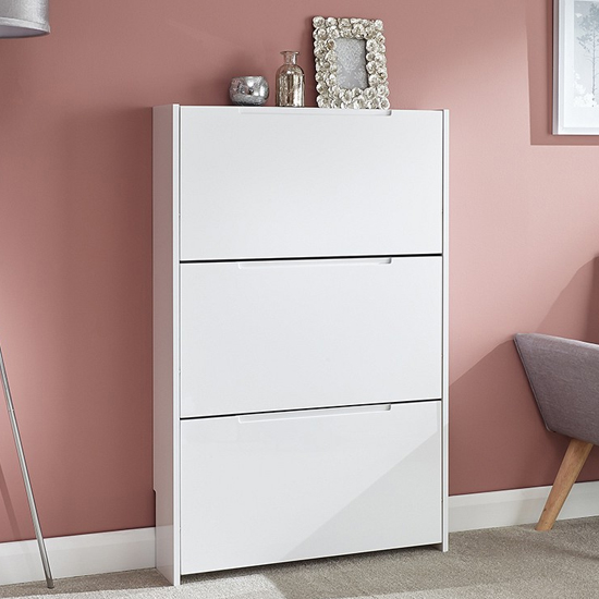 Read more about Newquay wooden 3 tier shoe storage cabinet in white high gloss