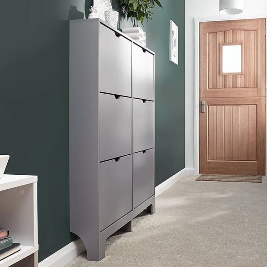 Read more about Newquay wooden shoe storage cabinet in grey with 6 drawers