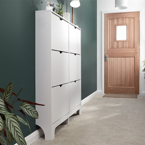 Photo of Newquay wooden shoe storage cabinet in white with 6 drawers