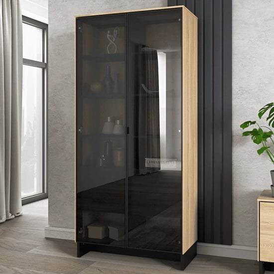 Product photograph of Narva Display Cabinet 2 Doors Tall In Mountain Ash With Led from Furniture in Fashion