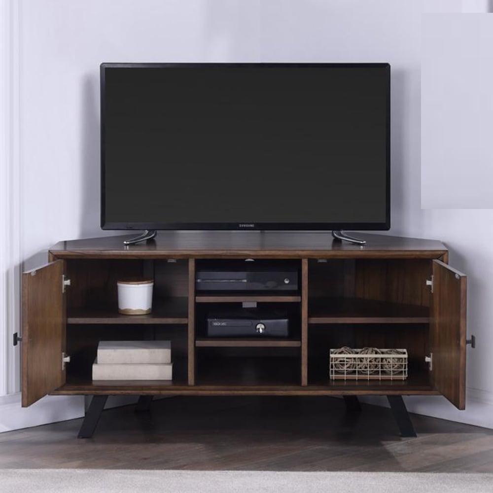 Narva Wooden Corner TV Stand With 2 Doors In Walnut
