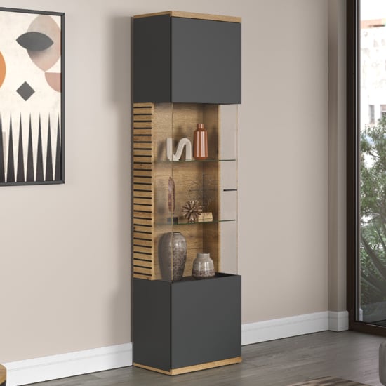 Product photograph of Narva Wooden Display Cabinet Tall In Evoke Oak With Led from Furniture in Fashion