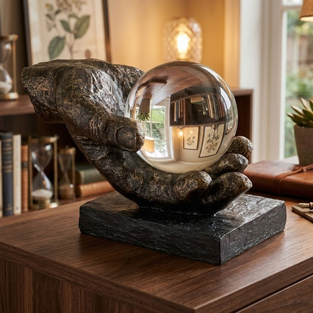 Narvion Synthetic Resin Ball in Hand Sculpture in Black and Bronze