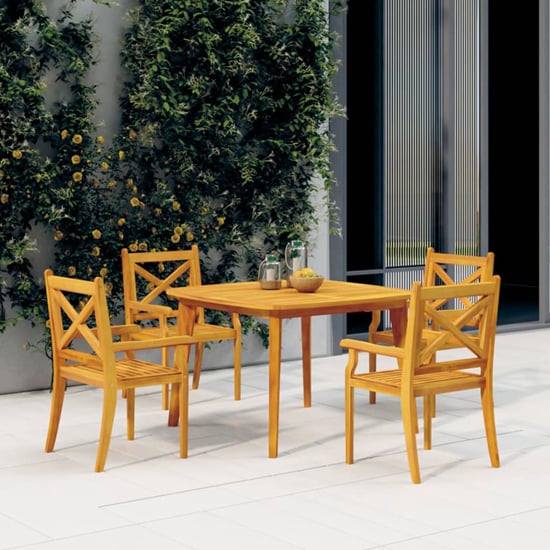 Read more about Narvon large round wooden 5 piece garden dining set in natural