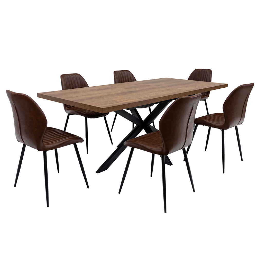 Nassau Dark Oak Large Rectangular Wooden Extending Dining Table with 6 Foni Tan Chairs