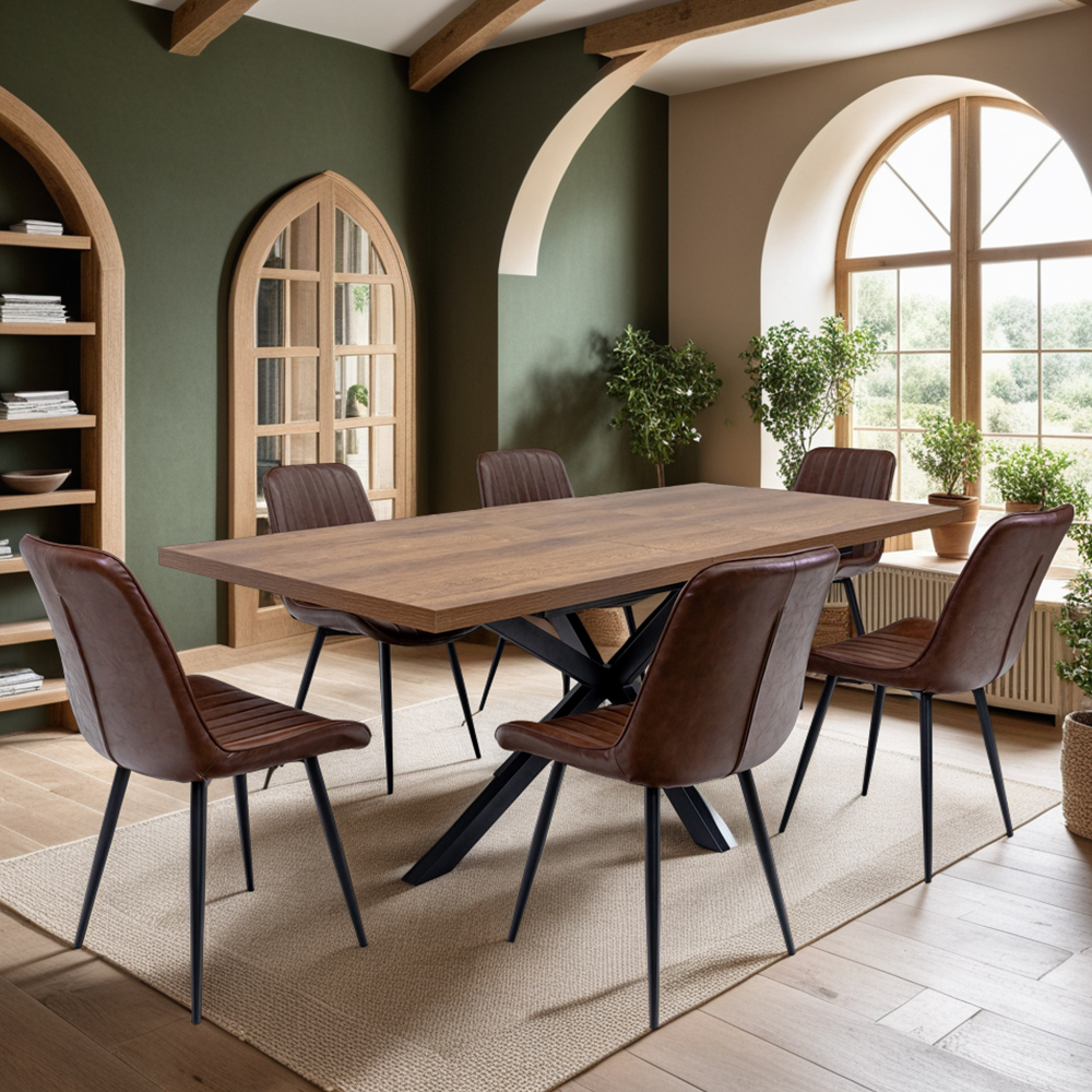 Nassau Dark Oak Large Rectangular Wooden Extending Dining Table with 6 Pomia Tan Chairs