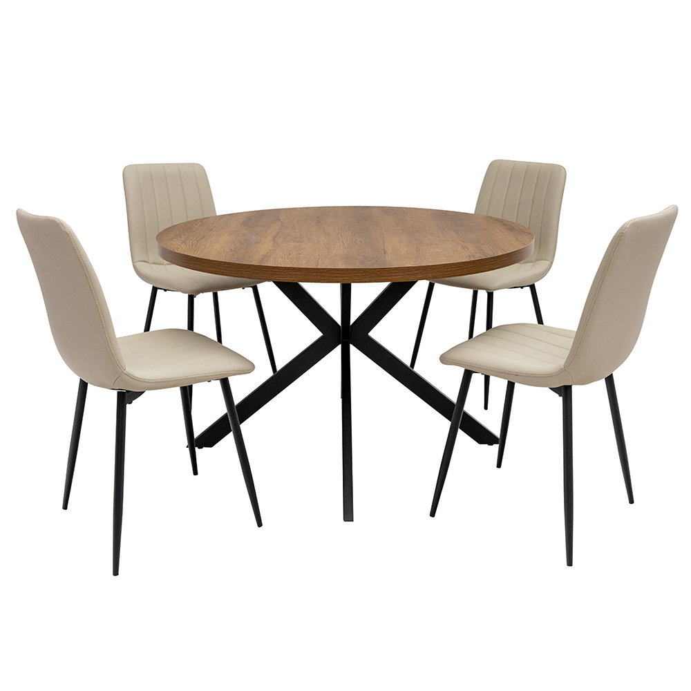 Nassau Dark Oak Large Wooden Dining Table with 4 Pomel Stone Chairs