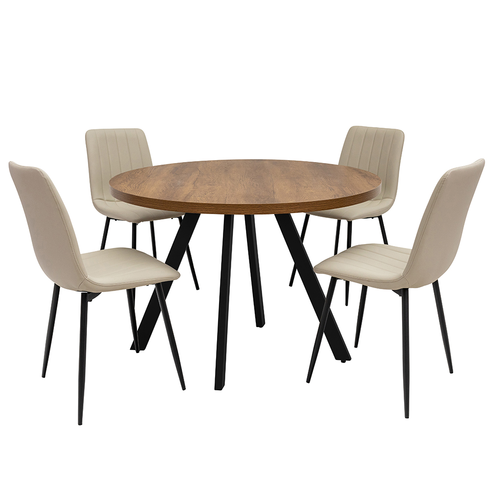 Nassau Dark Oak Small Round Wooden Dining Table with 4 Pomel Stone Chairs