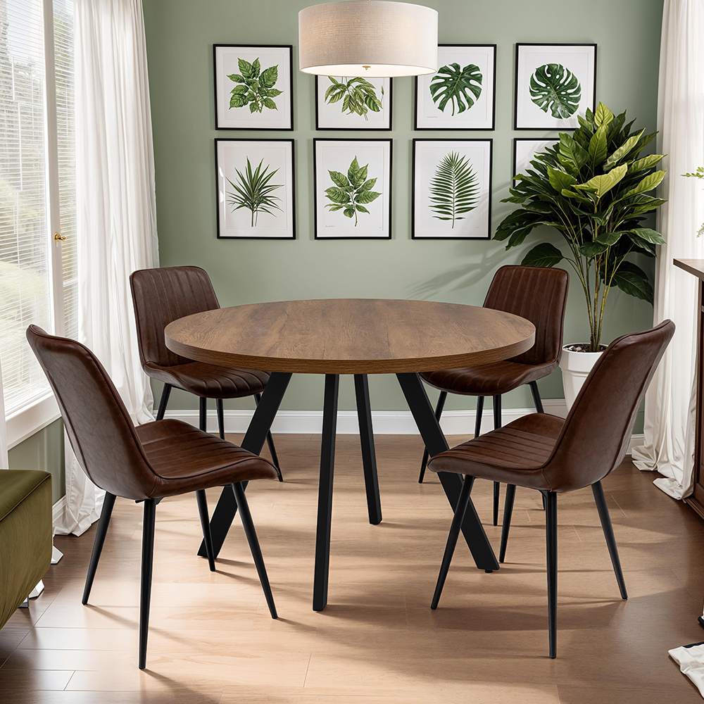 Nassau Dark Oak Small Round Wooden Dining Table with 4 Pomia Tan Chairs
