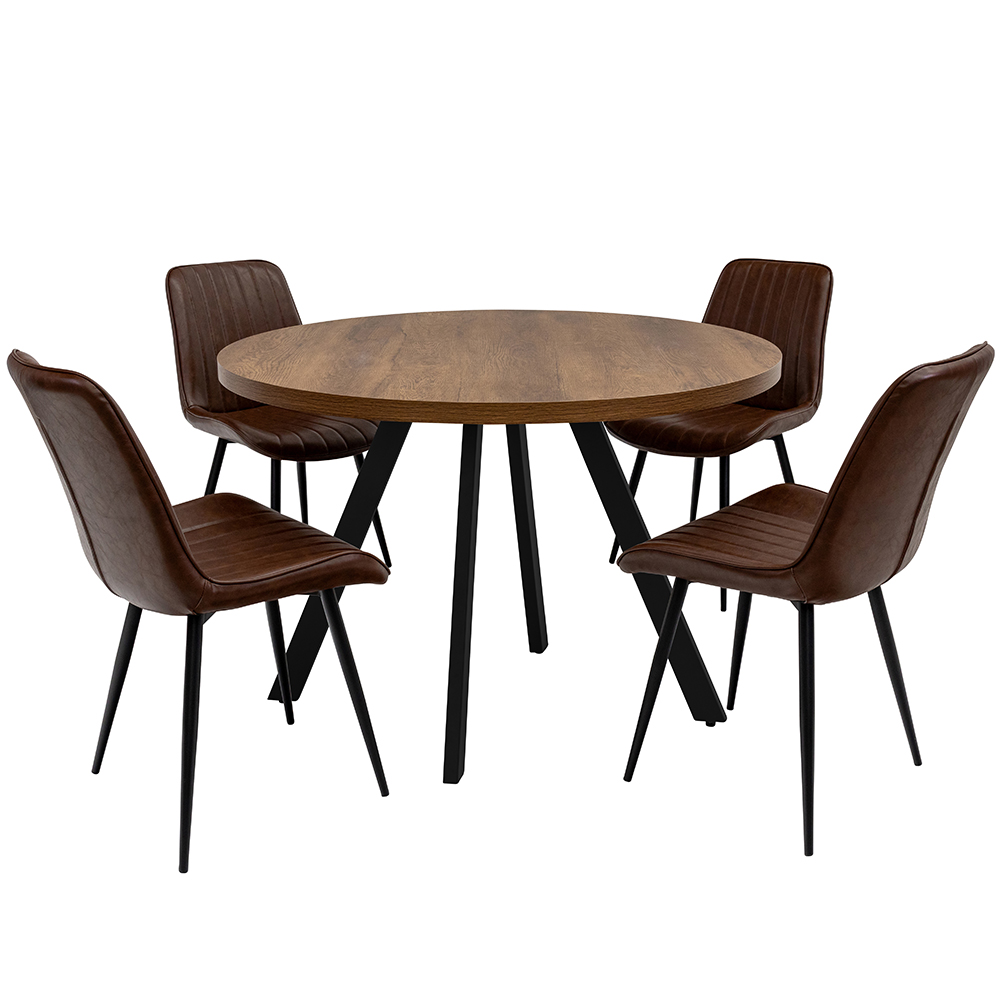 Nassau Dark Oak Small Round Wooden Dining Table with 4 Pomia Tan Chairs