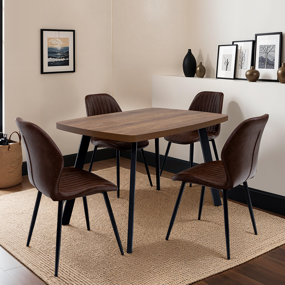 Nassau Dark Oak Small Wooden Dining Table with 4 Foni Tan Chairs