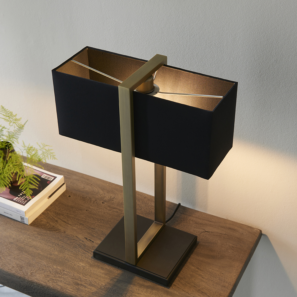 Natick Black Fabric Table Lamp In Antique Brass