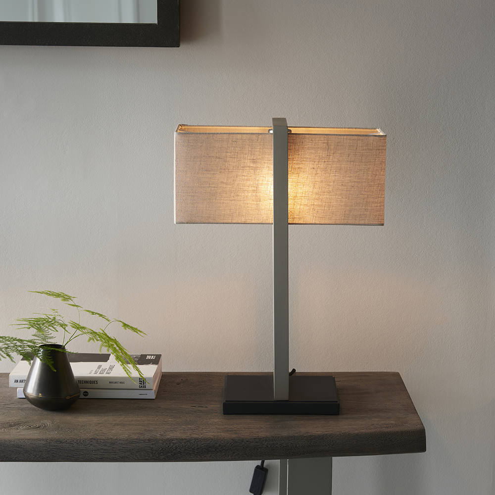 Natick Natural Fabric Table Lamp In Satin Nickel