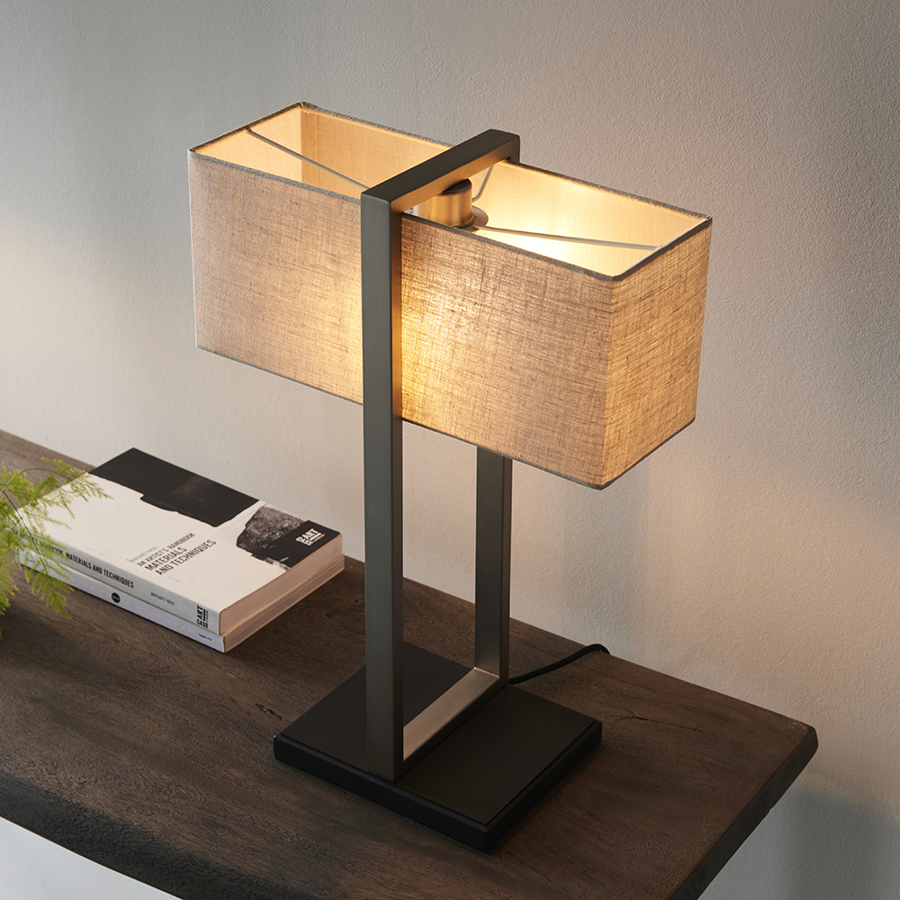 Natick Natural Fabric Table Lamp In Satin Nickel