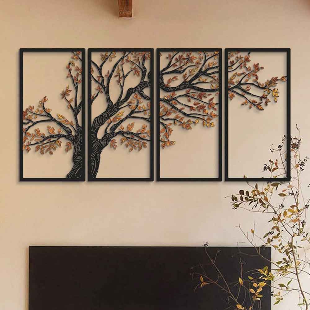 Nature Metal 48x98cm Tree Metal Wall Art Frame Set of 4 in Black