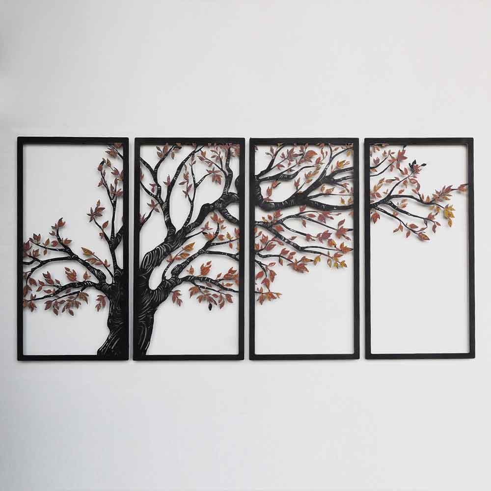 Nature Metal 48x98cm Tree Metal Wall Art Frame Set of 4 in Black