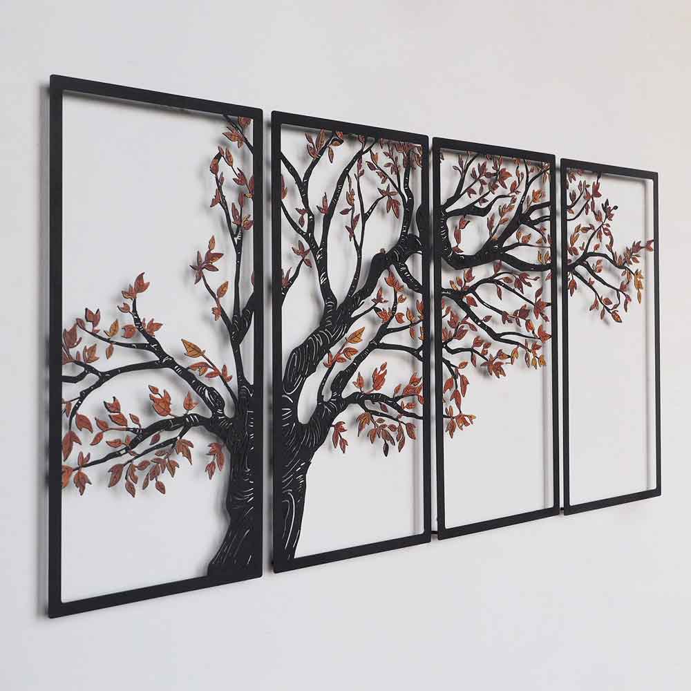 Nature Metal 69x150cm Tree Metal Wall Art Frame Set of 4 in Black