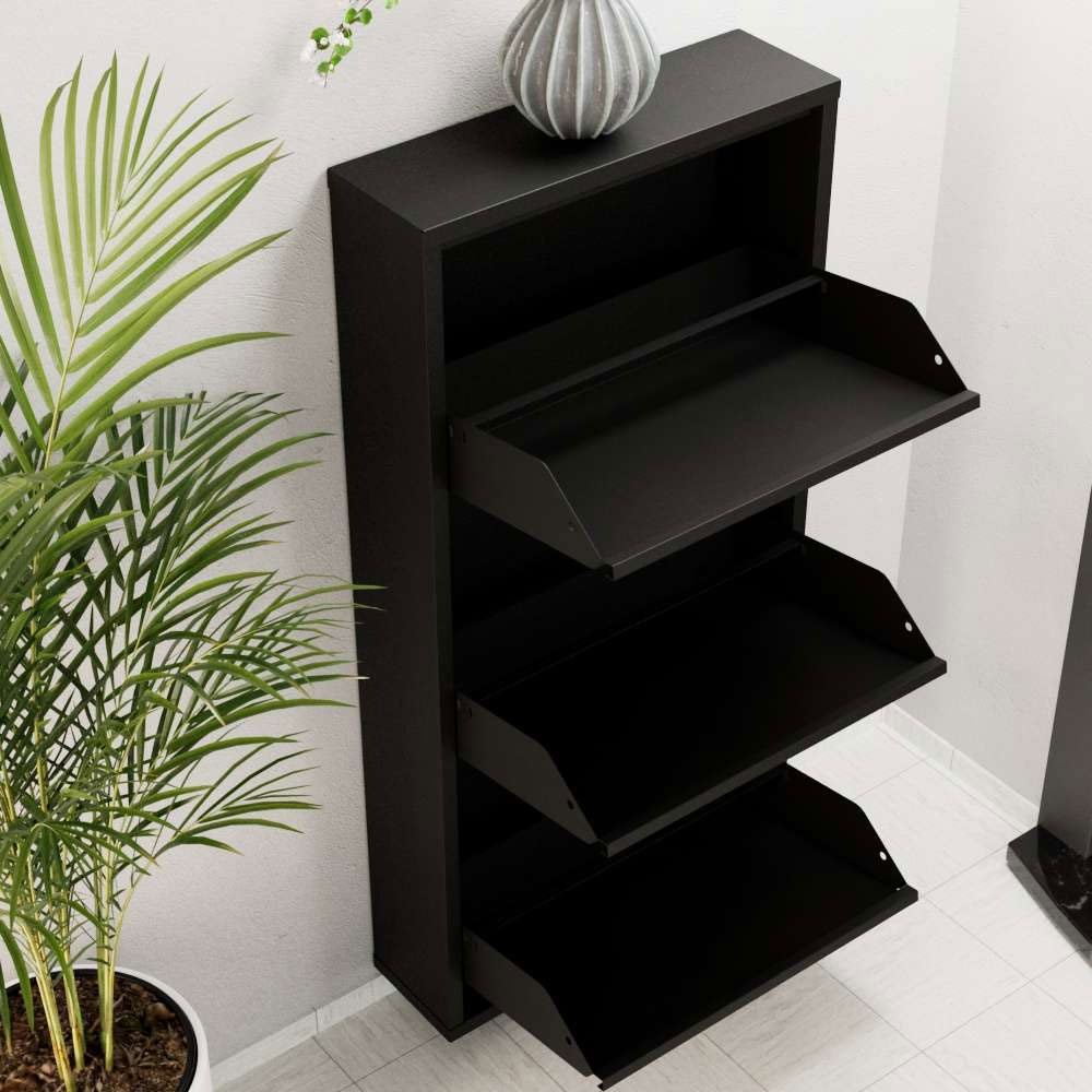 Naxel Metal Shoe Storage Cabinet with 3 Flap Doors in Black