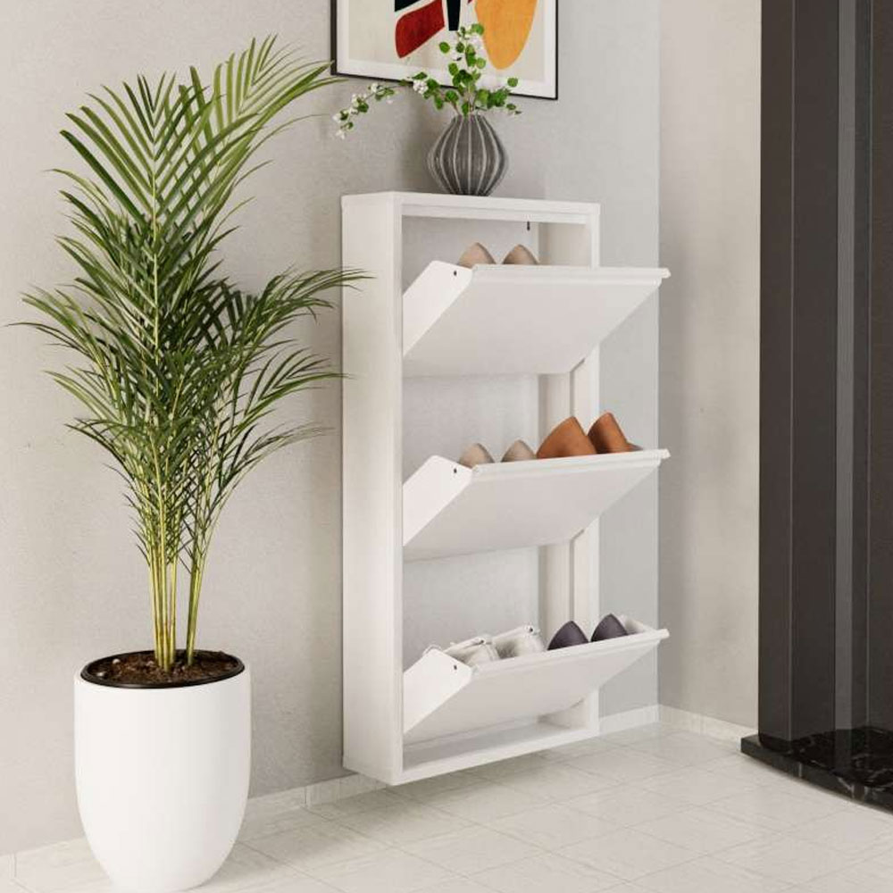 Naxel Metal Shoe Storage Cabinet with 3 Flap Doors in White