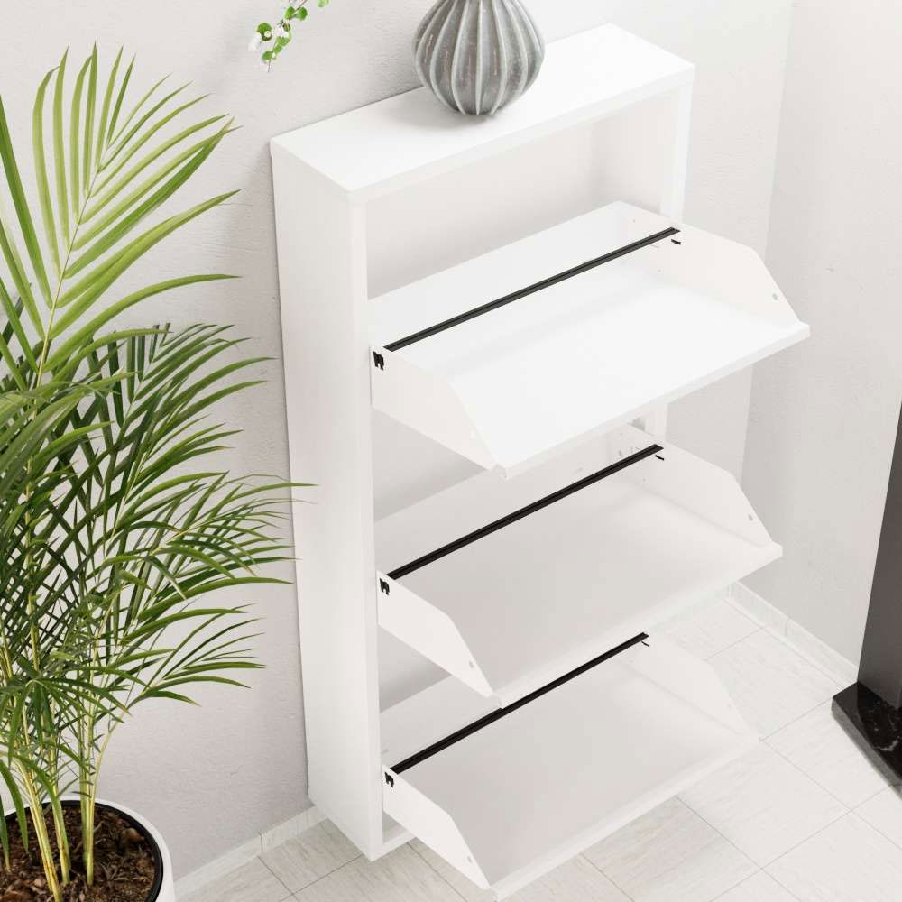 Naxel Metal Shoe Storage Cabinet with 3 Flap Doors in White