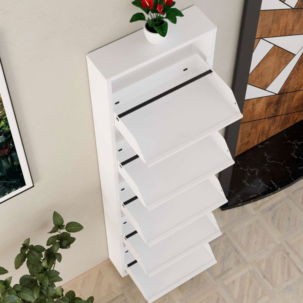 Naxel Metal Shoe Storage Cabinet with 5 Flap Doors in White