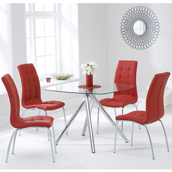 Naxis Square Glass Dining Table With 4 Gala Red Dining Chairs Furniture in Fashion