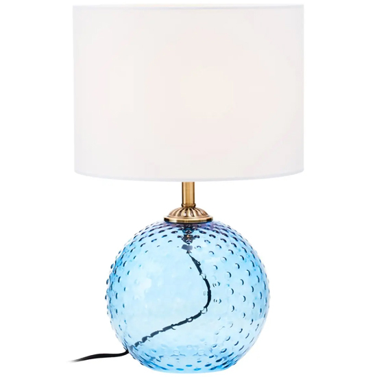 Naxos White Fabric Shade Table Lamp With Blue Glass Globe Base