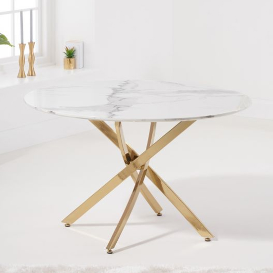 Neutral Round Dining Table With Gold Leg In White Marble Effect_2