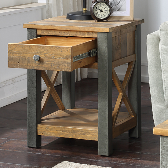 Nebura Wooden 1 Drawer Lamp Table In Reclaimed Wood_2